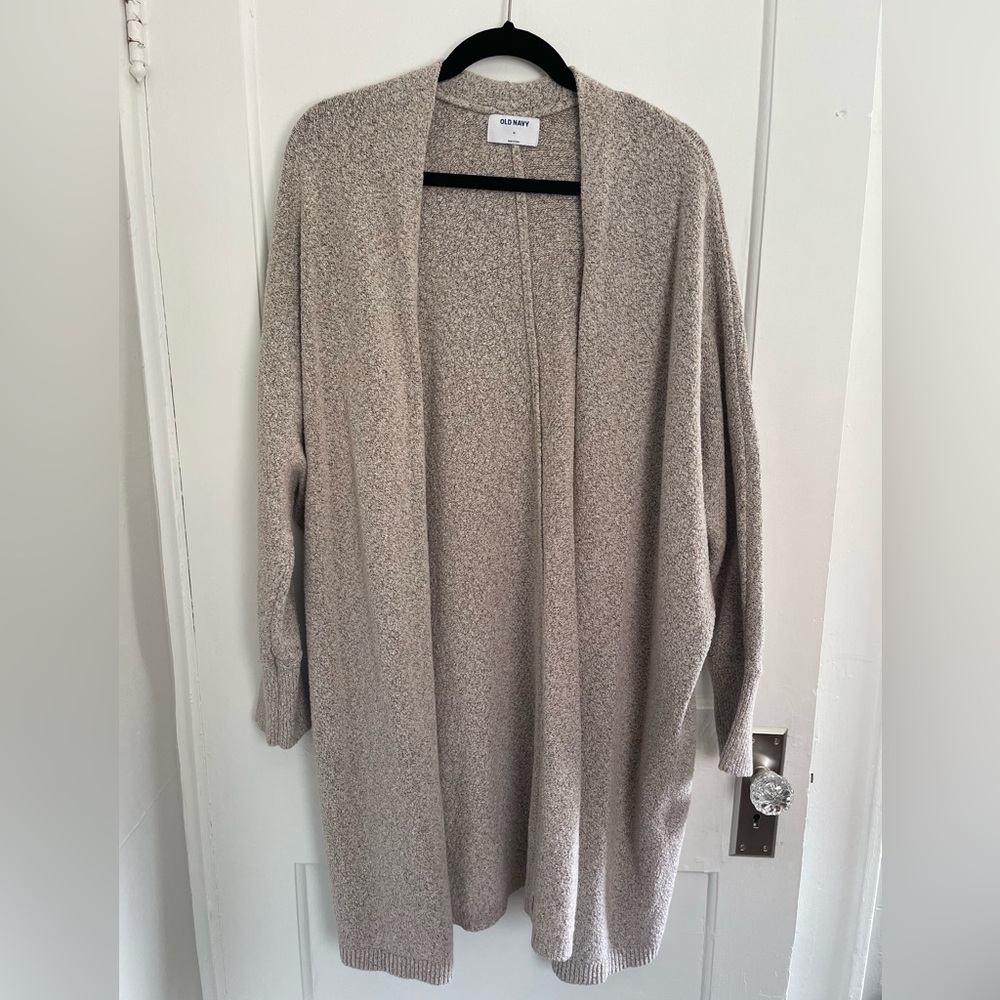 Long, oatmeal colored open cardigan